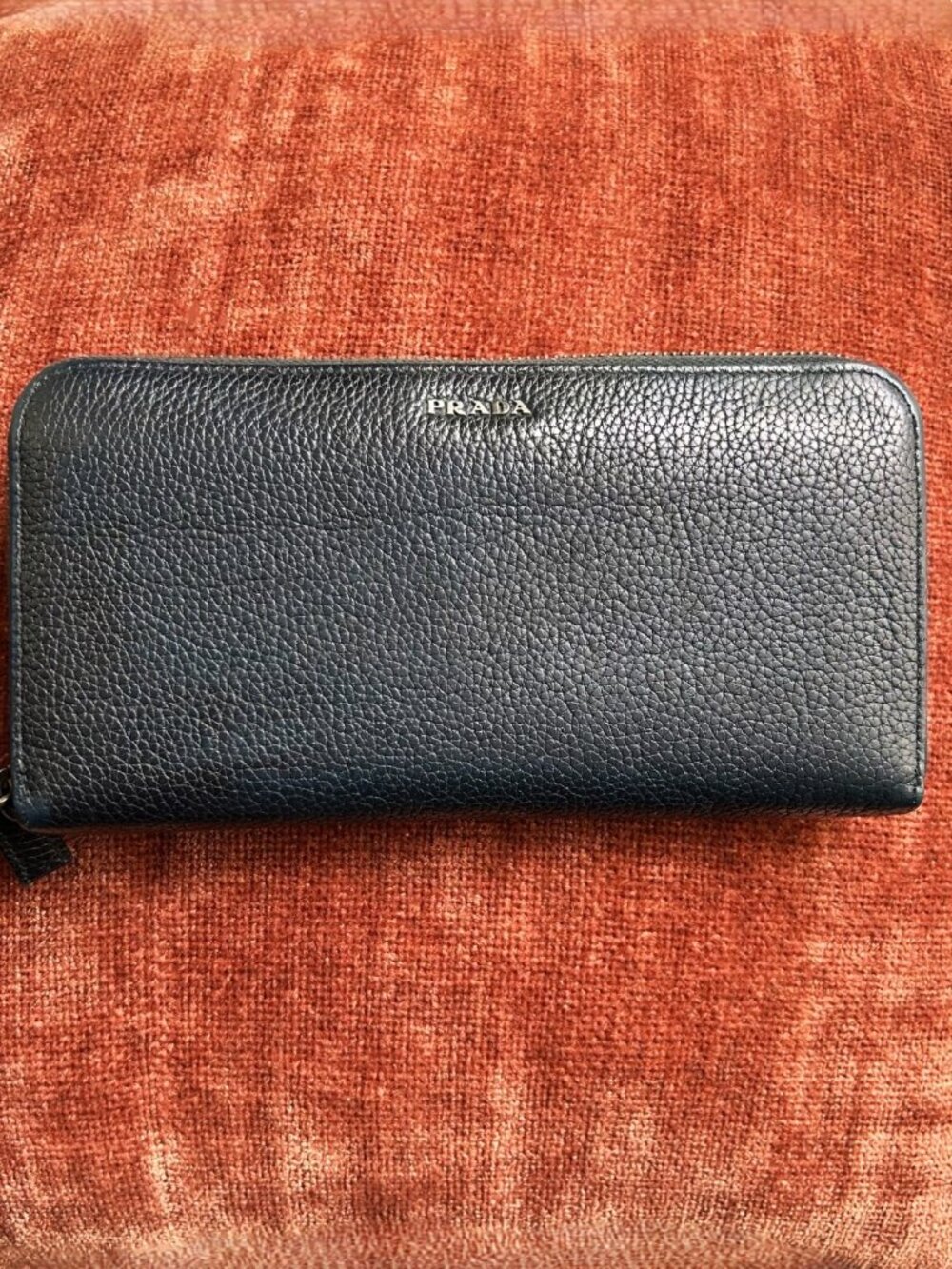 PRADA Leather Zip Around Wallet, Navy Blue